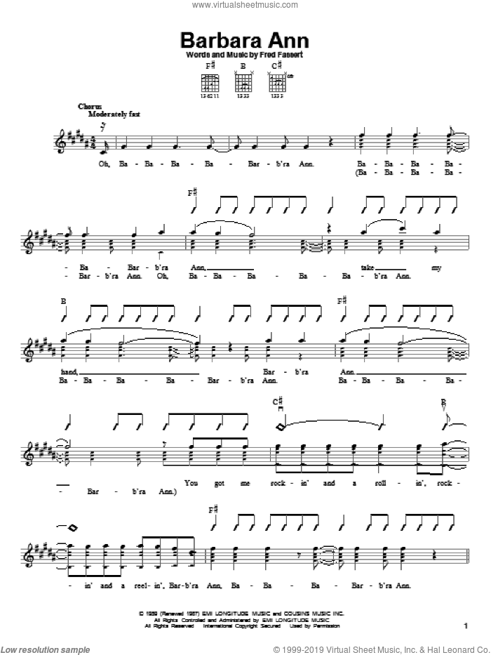 Barbara Ann sheet music for guitar solo (chords) by The Beach Boys, The Regents and Fred Fassert, easy guitar (chords)