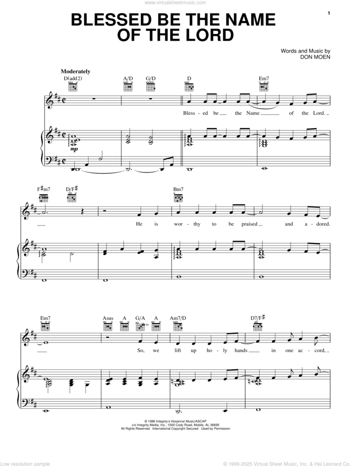 Blessed Be The Name Of The Lord sheet music for voice, piano or guitar by Don Moen, intermediate skill level