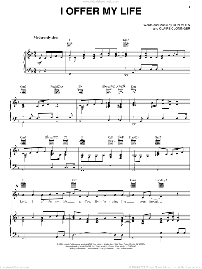 I Offer My Life sheet music for voice, piano or guitar by Don Moen and Claire Cloninger, intermediate skill level