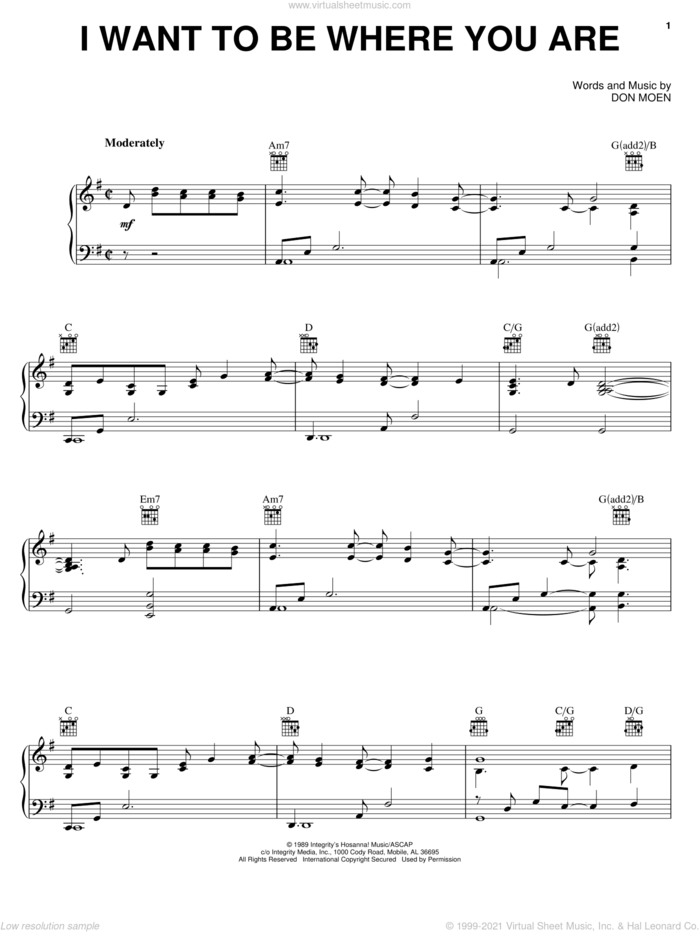 I Want To Be Where You Are sheet music for voice, piano or guitar by Don Moen, intermediate skill level