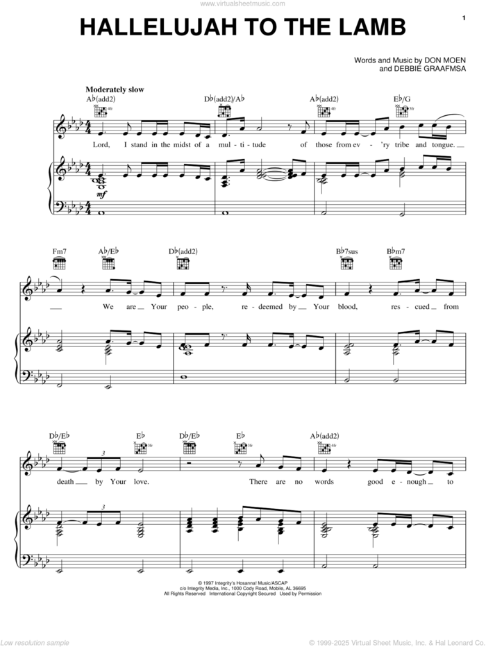 Hallelujah To The Lamb sheet music for voice, piano or guitar by Don Moen and Debbie Graafsma, intermediate skill level