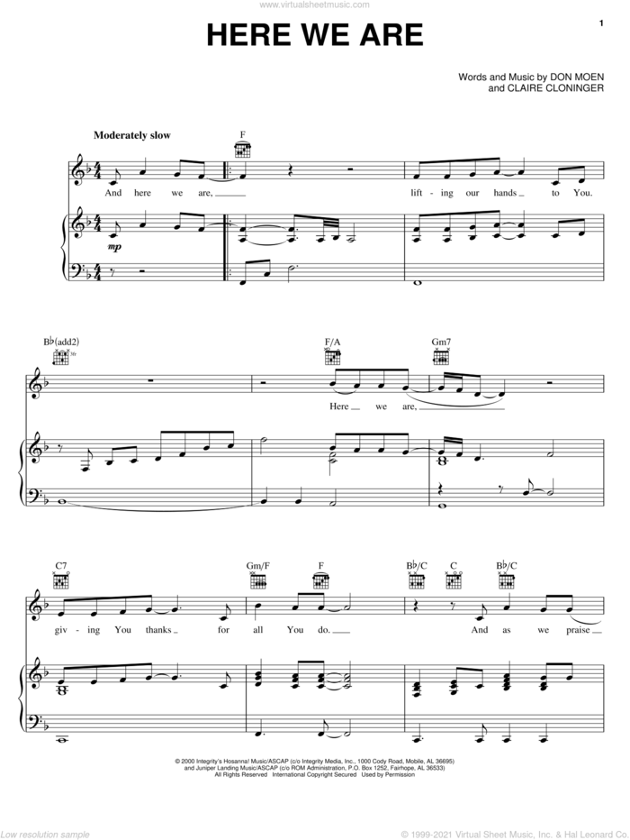 Here We Are sheet music for voice, piano or guitar by Don Moen and Claire Cloninger, intermediate skill level
