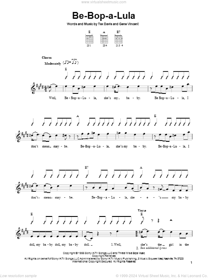Be-Bop-A-Lula sheet music for guitar solo (chords) by Gene Vincent and Tex Davis, easy guitar (chords)