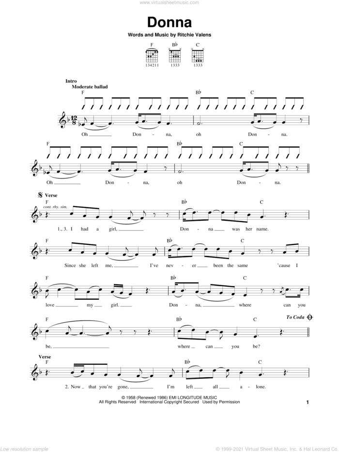 Donna sheet music for guitar solo (chords) by Ritchie Valens, easy guitar (chords)