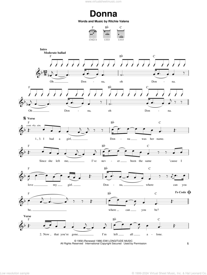 Donna sheet music for guitar solo (chords) by Ritchie Valens, easy guitar (chords)