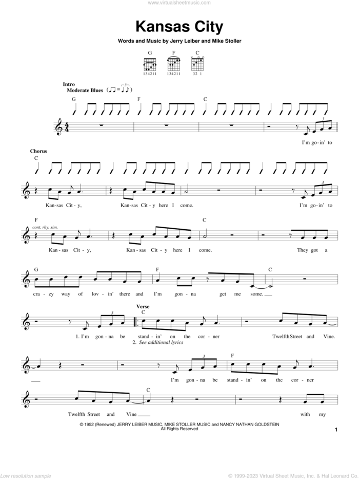 Kansas City sheet music for guitar solo (chords) by Wilbert Harrison, Leiber & Stoller, The Beatles, Jerry Leiber and Mike Stoller, easy guitar (chords)