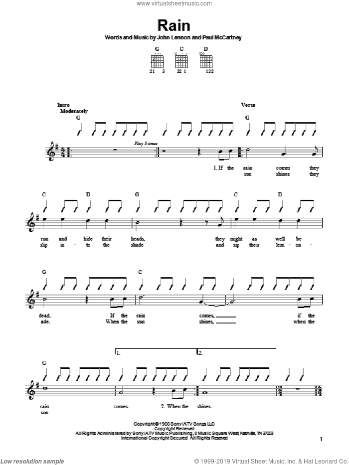 Rain sheet music for guitar solo (chords) by The Beatles, John Lennon and Paul McCartney, easy guitar (chords)