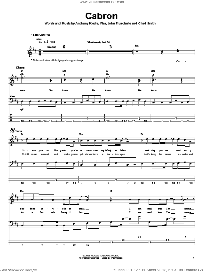 Cabron sheet music for bass (tablature) (bass guitar) by Red Hot Chili Peppers, Anthony Kiedis, Flea and John Frusciante, intermediate skill level