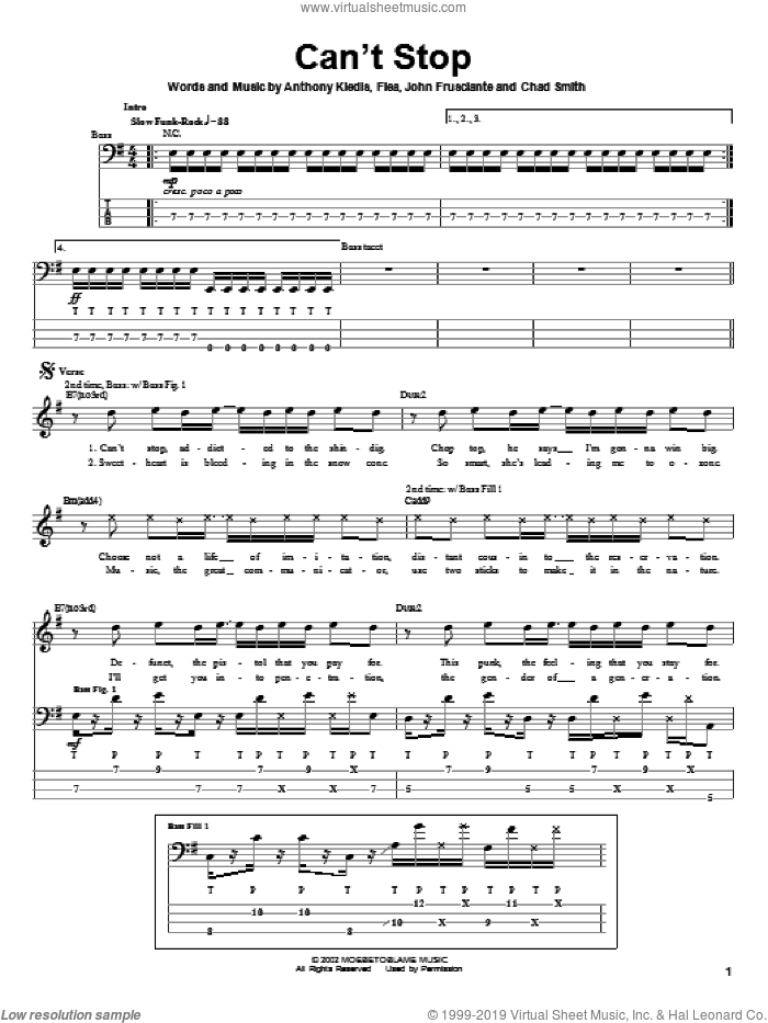 Can't Stop sheet music for bass (tablature) (bass guitar) by Red Hot Chili Peppers, Anthony Kiedis, Flea and John Frusciante, intermediate skill level