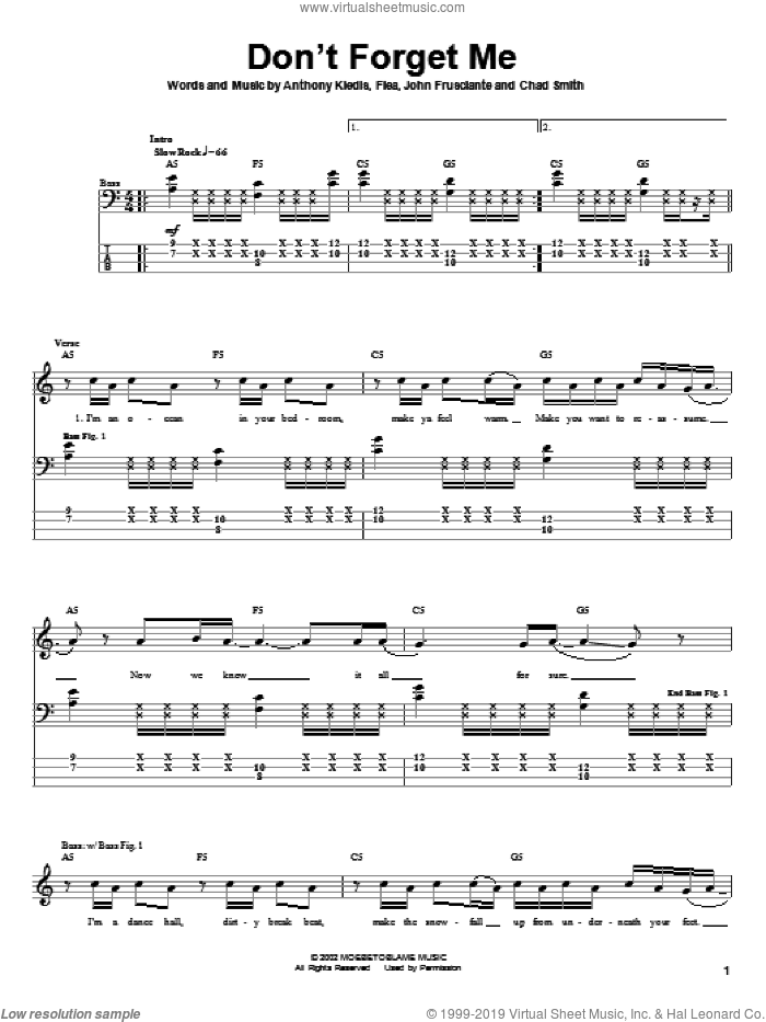 Don't Forget Me sheet music for bass (tablature) (bass guitar) by Red Hot Chili Peppers, Anthony Kiedis, Flea and John Frusciante, intermediate skill level