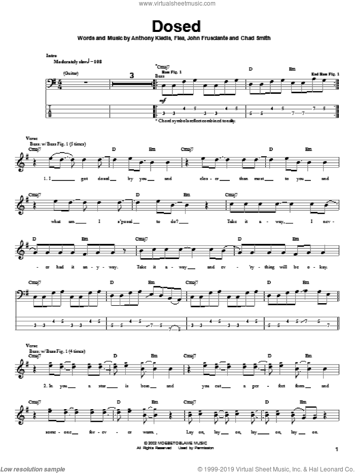 Dosed sheet music for bass (tablature) (bass guitar) by Red Hot Chili Peppers, Anthony Kiedis, Flea and John Frusciante, intermediate skill level