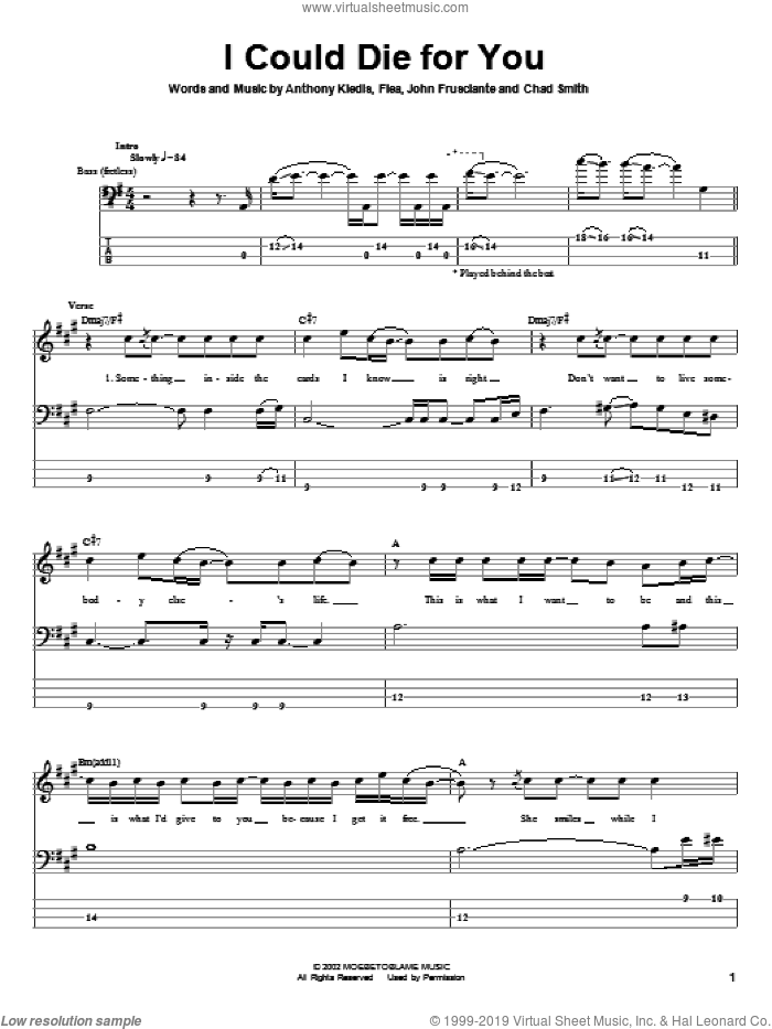 I Could Die For You sheet music for bass (tablature) (bass guitar) by Red Hot Chili Peppers, Anthony Kiedis, Flea and John Frusciante, intermediate skill level
