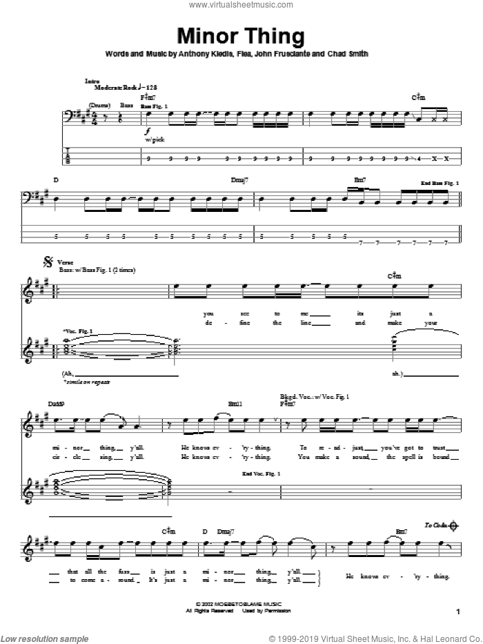 Minor Thing sheet music for bass (tablature) (bass guitar) by Red Hot Chili Peppers, Anthony Kiedis, Flea and John Frusciante, intermediate skill level