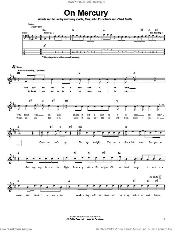 On Mercury sheet music for bass (tablature) (bass guitar) by Red Hot Chili Peppers, Anthony Kiedis, Flea and John Frusciante, intermediate skill level
