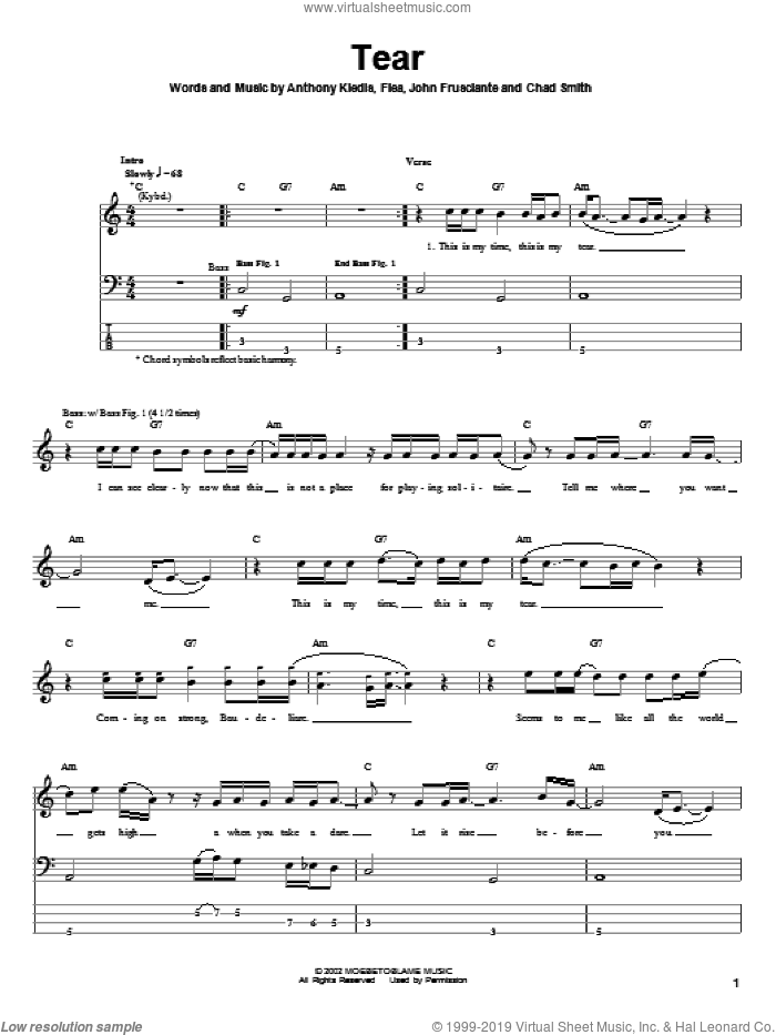 Tear sheet music for bass (tablature) (bass guitar) by Red Hot Chili Peppers, Anthony Kiedis, Flea and John Frusciante, intermediate skill level