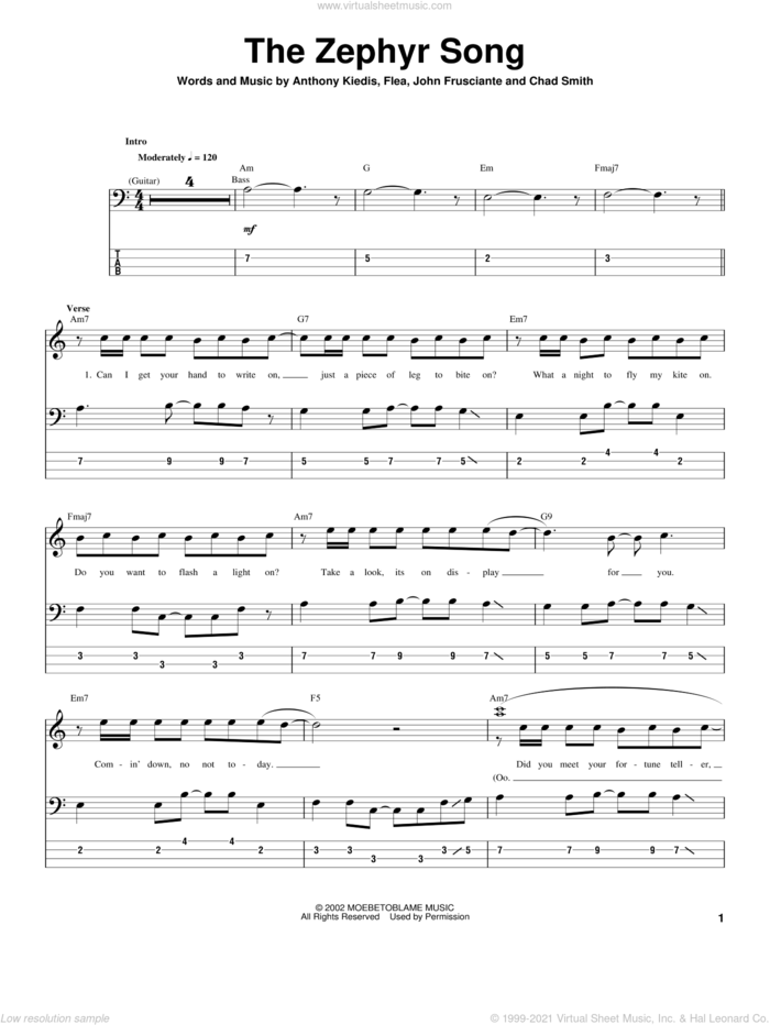 The Zephyr Song sheet music for bass (tablature) (bass guitar) by Red Hot Chili Peppers, Anthony Kiedis, Flea and John Frusciante, intermediate skill level