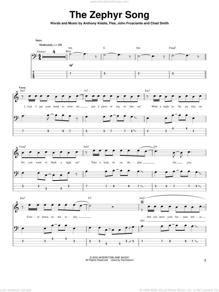 The Zephyr Song sheet music for bass (tablature) (bass guitar) by Red Hot Chili Peppers, Anthony Kiedis, Flea and John Frusciante, intermediate skill level