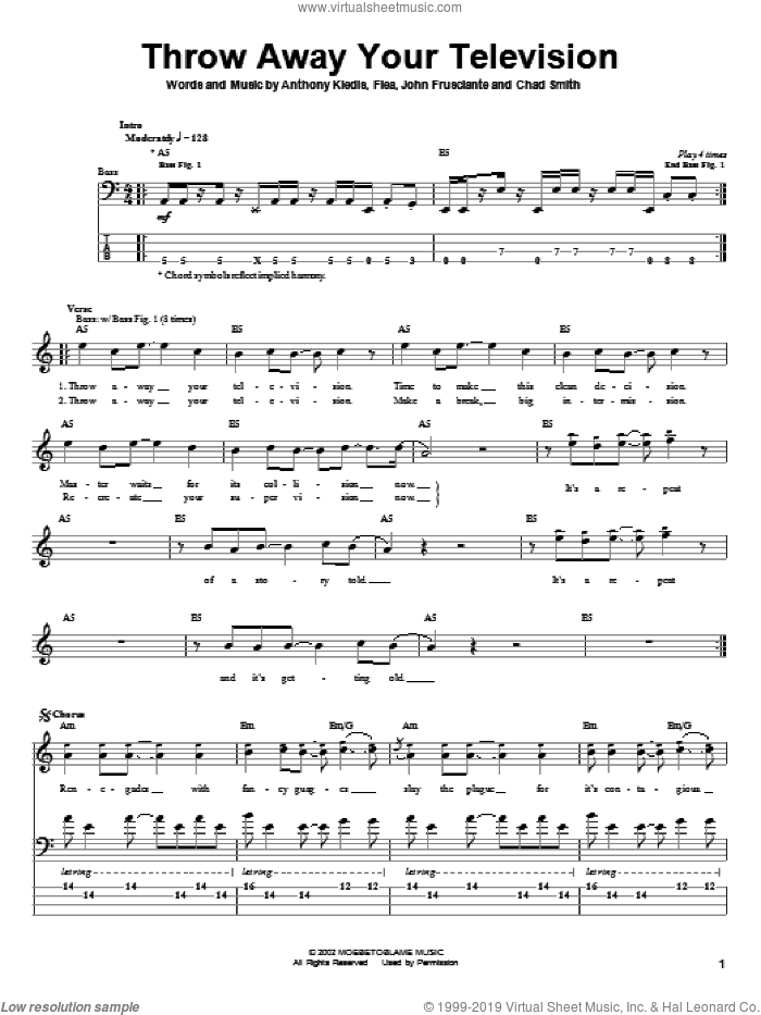 Throw Away Your Television sheet music for bass (tablature) (bass guitar) by Red Hot Chili Peppers, Anthony Kiedis, Flea and John Frusciante, intermediate skill level