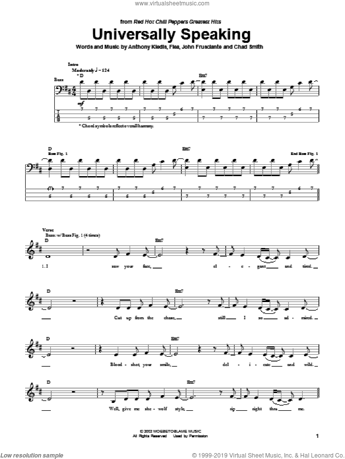 Universally Speaking sheet music for bass (tablature) (bass guitar) by Red Hot Chili Peppers, Anthony Kiedis, Flea and John Frusciante, intermediate skill level