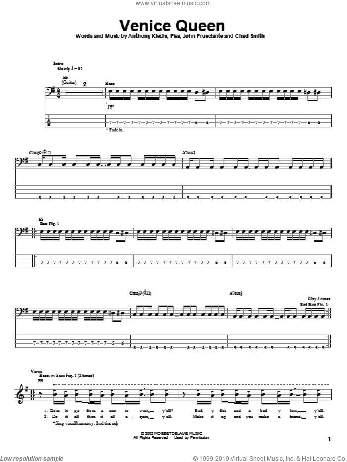 Venice Queen sheet music for bass (tablature) (bass guitar) by Red Hot Chili Peppers, Anthony Kiedis, Flea and John Frusciante, intermediate skill level