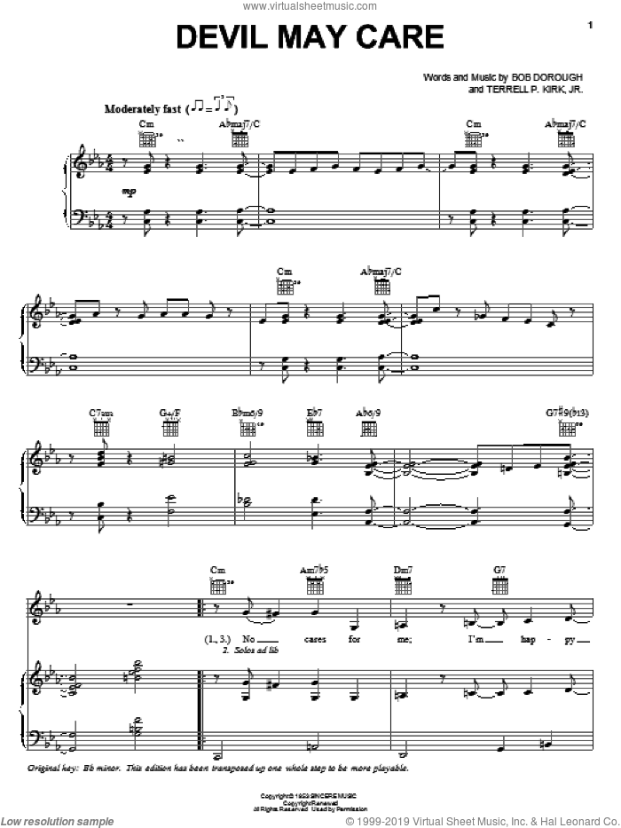 Devil May Care sheet music for voice, piano or guitar by Diana Krall, Bob Dorough and Terrell P. Kirk, Jr., intermediate skill level