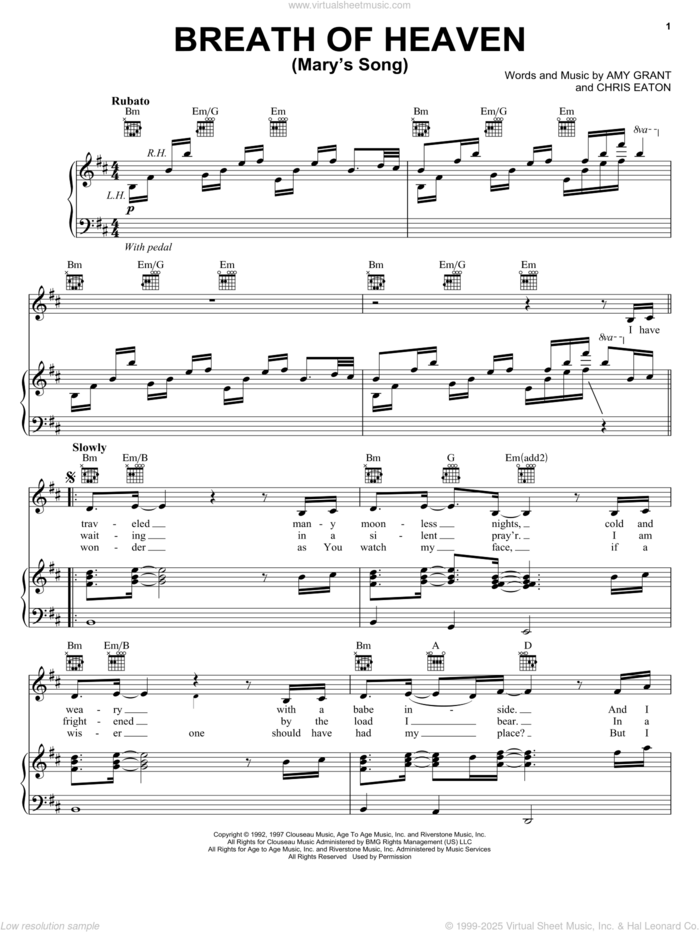 Breath Of Heaven (Mary's Song) sheet music for voice, piano or guitar by Amy Grant and Chris Eaton, intermediate skill level