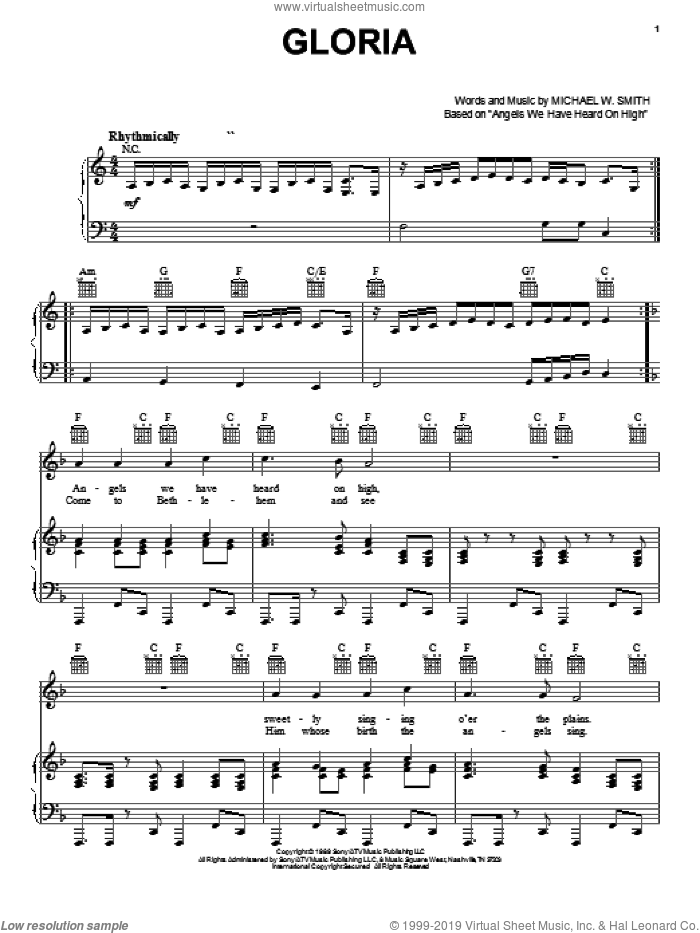 Gloria sheet music for voice, piano or guitar by Michael W. Smith, intermediate skill level