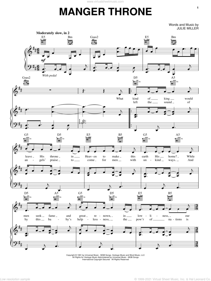 Manger Throne sheet music for voice, piano or guitar by Julie Miller and Third Day, intermediate skill level