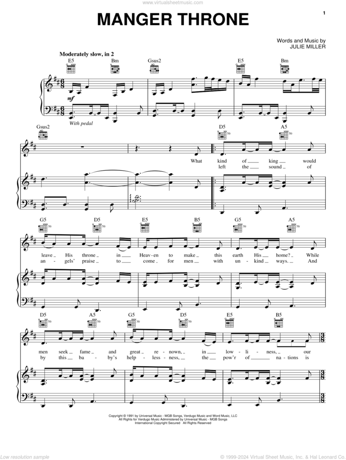 Manger Throne sheet music for voice, piano or guitar by Julie Miller and Third Day, intermediate skill level