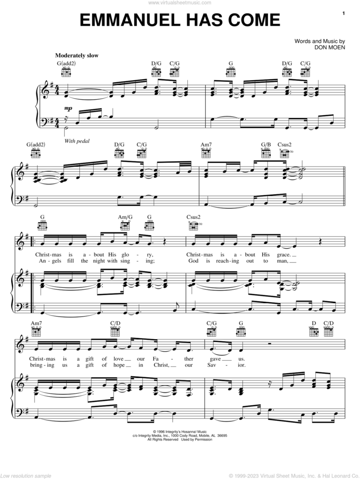 Emmanuel Has Come sheet music for voice, piano or guitar by Don Moen, intermediate skill level