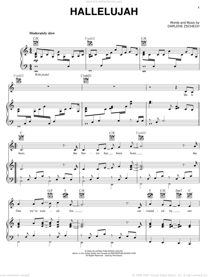 Hallelujah sheet music for voice, piano or guitar by Darlene Zschech, intermediate skill level