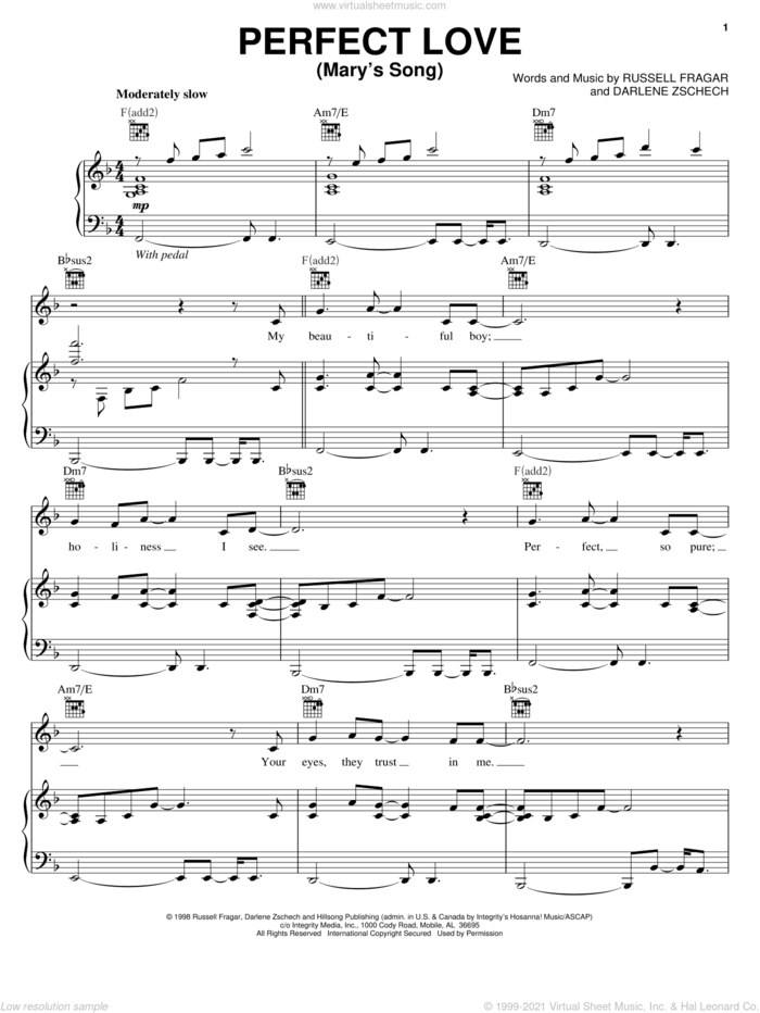 Perfect Love (Mary's Song) sheet music for voice, piano or guitar by Darlene Zschech and Russell Fragar, intermediate skill level