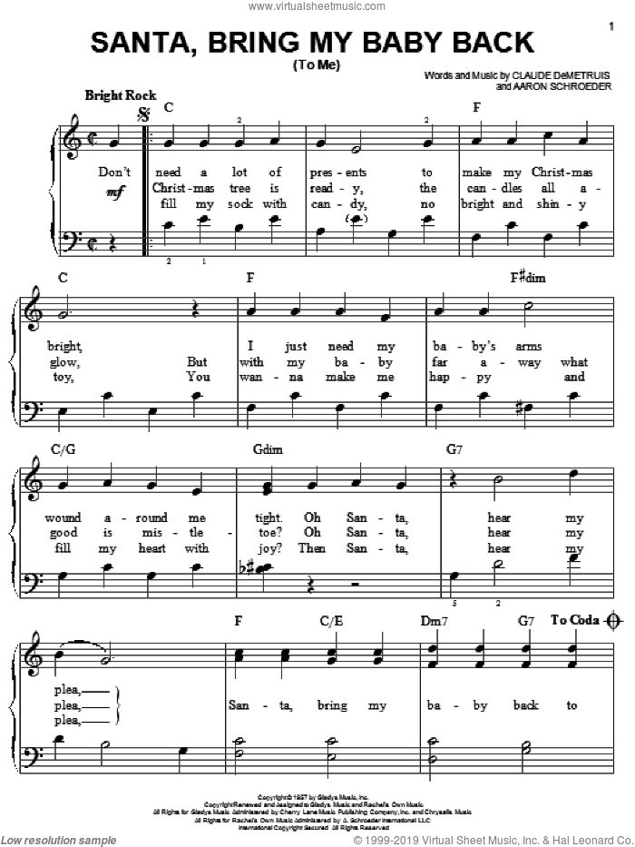 Santa, Bring My Baby Back (To Me) sheet music for piano solo by Elvis Presley, Aaron Schroeder and Claude DeMetruis, easy skill level