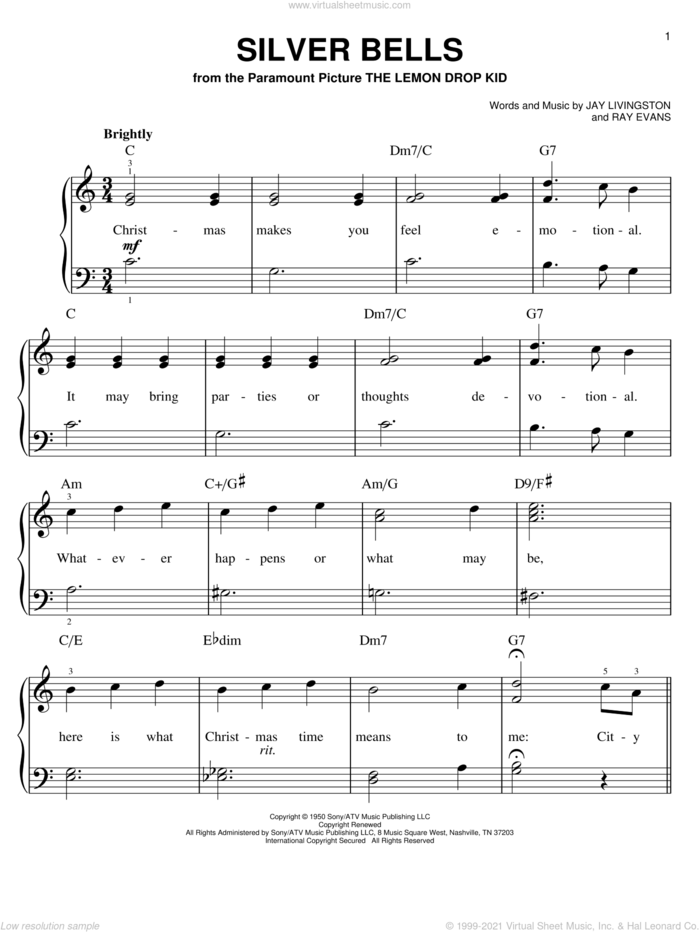 Silver Bells sheet music for piano solo by Jay Livingston and Ray Evans, easy skill level