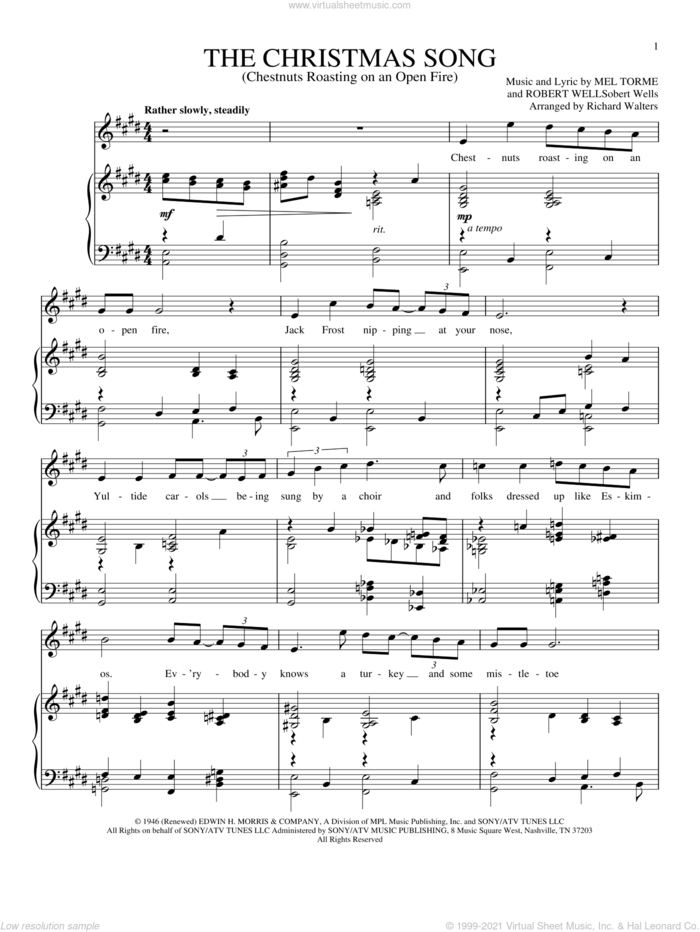 The Christmas Song (Chestnuts Roasting On An Open Fire) sheet music for voice and piano by Mel Torme and Robert Wells, intermediate skill level