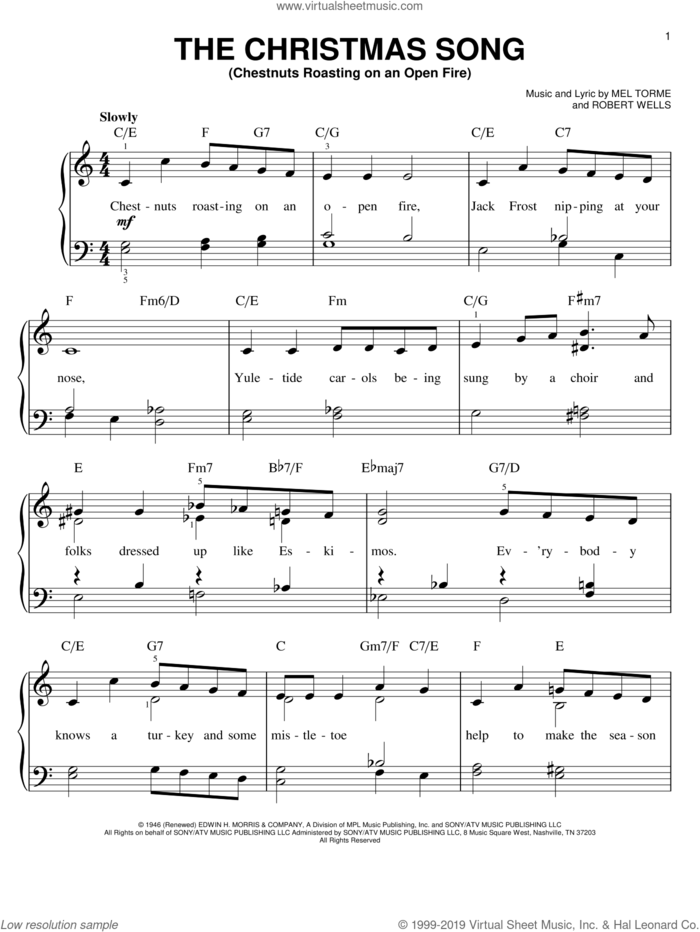 The Christmas Song (Chestnuts Roasting On An Open Fire) sheet music for piano solo by Frank Sinatra, Mel Torme and Robert Wells, easy skill level