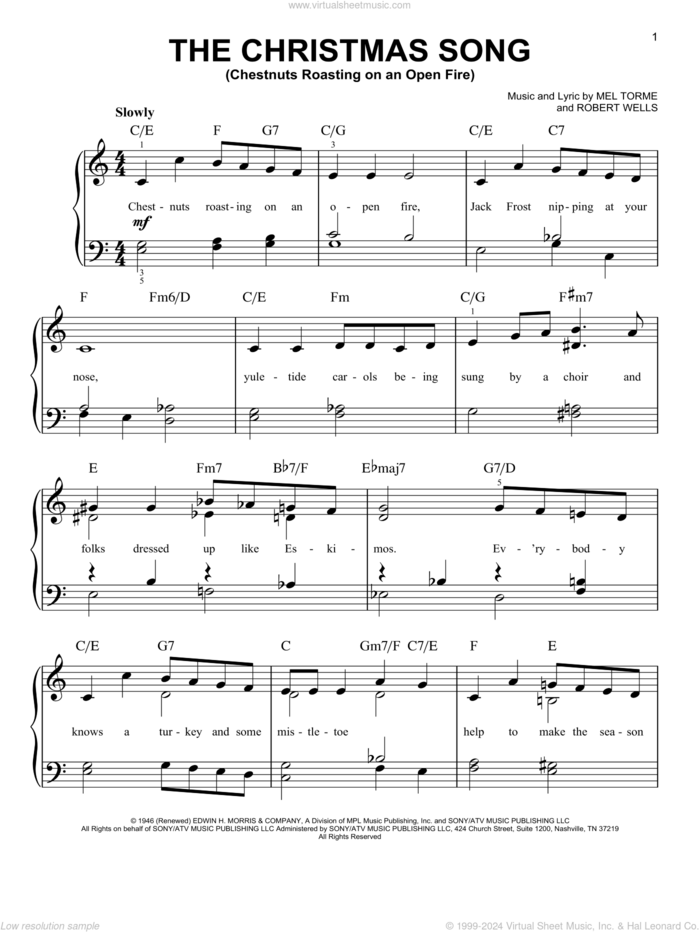 The Christmas Song (Chestnuts Roasting On An Open Fire) sheet music for piano solo by Frank Sinatra, Mel Torme and Robert Wells, easy skill level