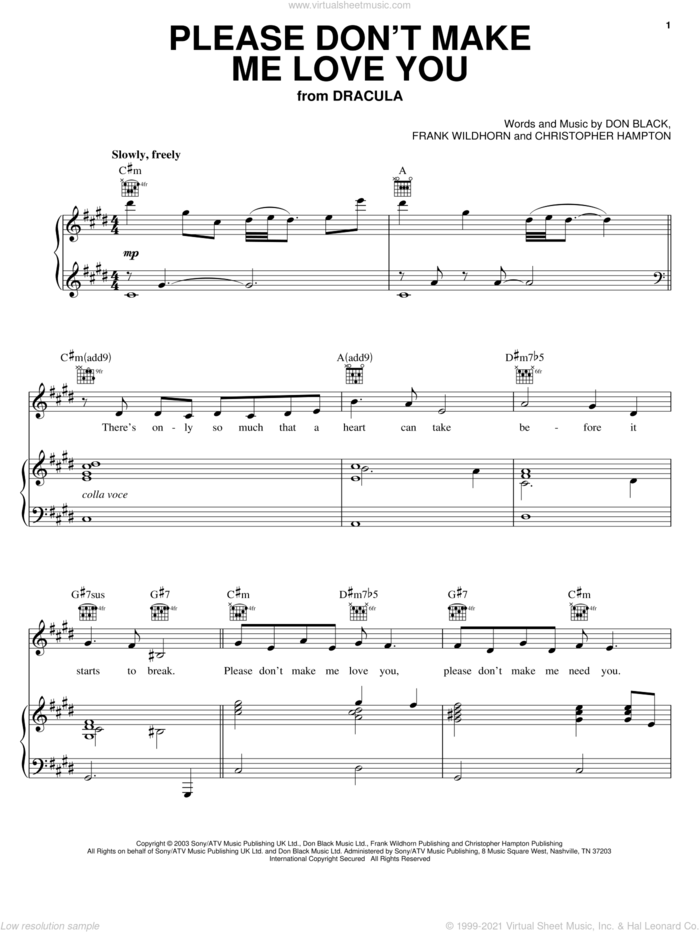 Please Don't Make Me Love You sheet music for voice, piano or guitar by Don Black, Christopher Hampton and Frank Wildhorn, intermediate skill level