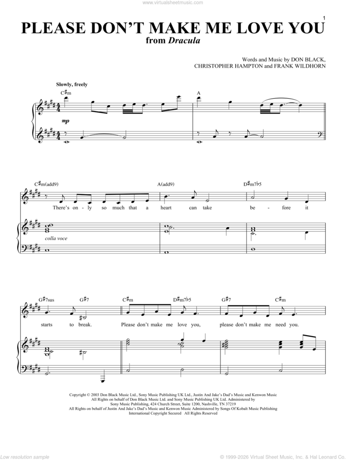 Please Don't Make Me Love You sheet music for voice, piano or guitar by Don Black, Christopher Hampton and Frank Wildhorn, intermediate skill level