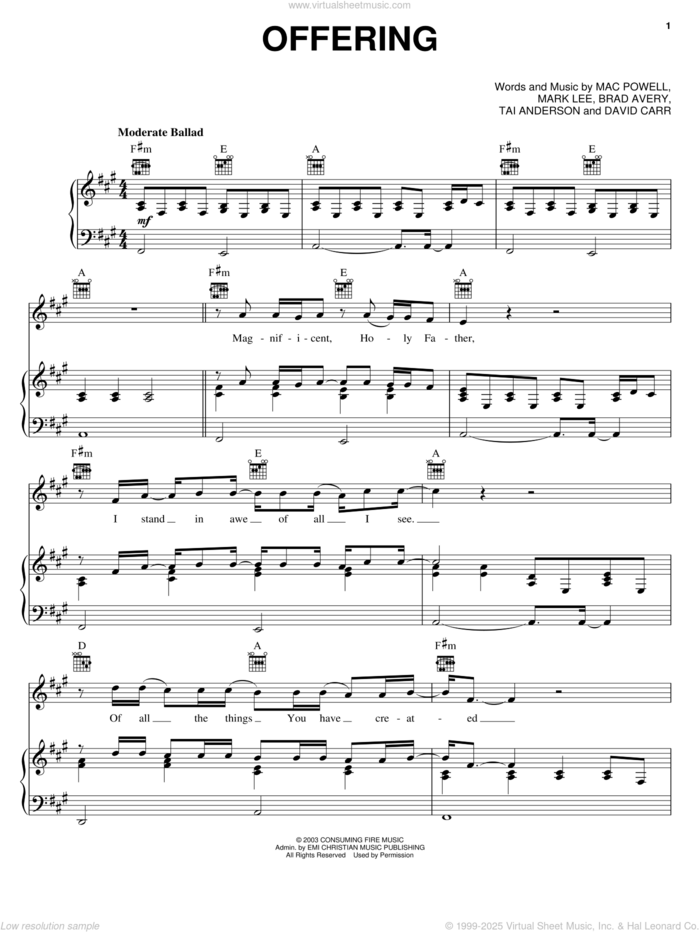 Offering sheet music for voice, piano or guitar by Third Day, Brad Avery, Mac Powell and Mark Lee, intermediate skill level