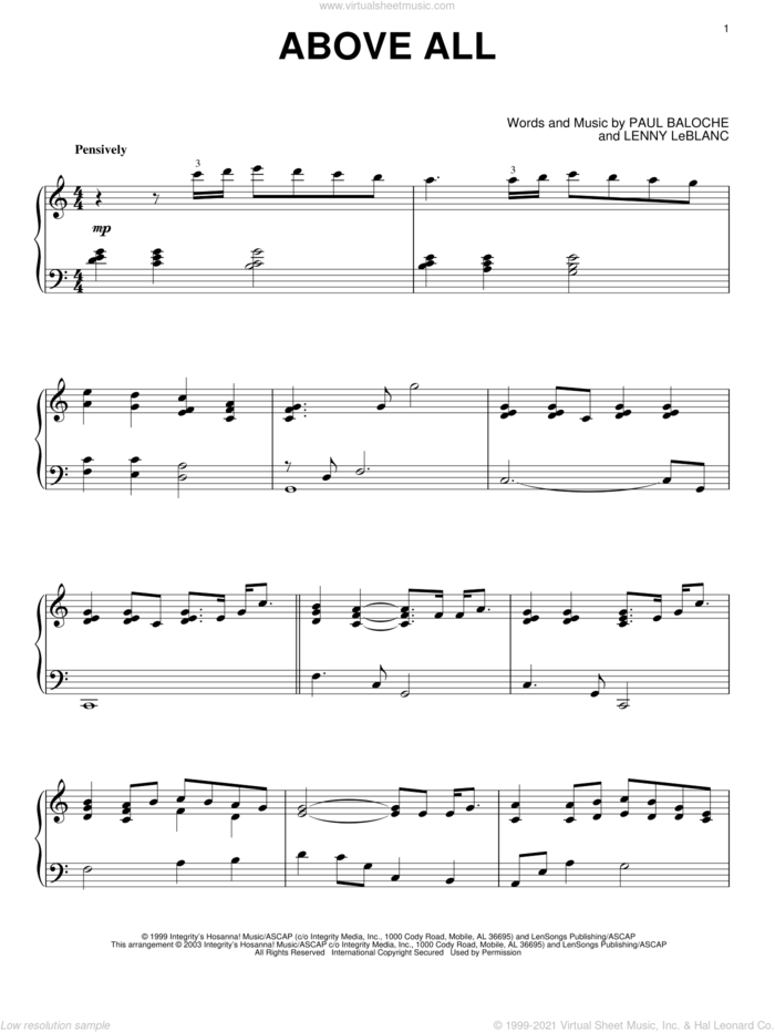 Above All, (intermediate) sheet music for piano solo by Paul Baloche and Lenny LeBlanc, intermediate skill level