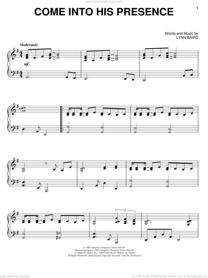 Come Into His Presence sheet music for piano solo by Lynn Baird, intermediate skill level