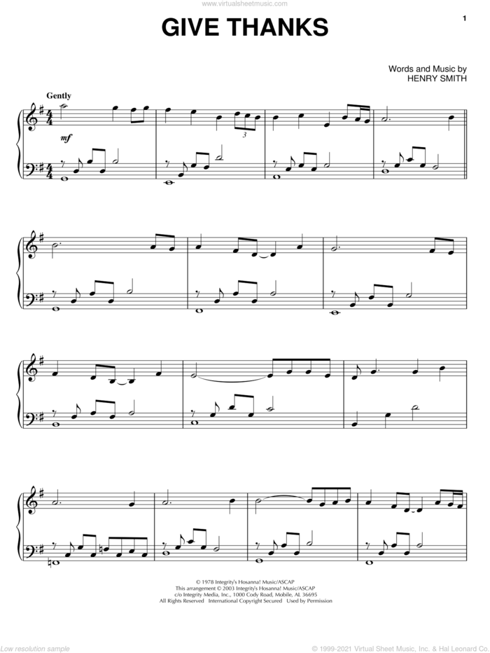 Give Thanks, (intermediate) sheet music for piano solo by Henry Smith, intermediate skill level