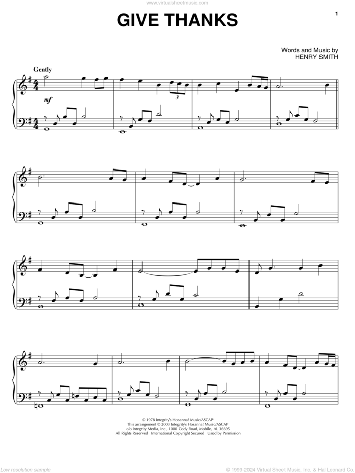 Give Thanks, (intermediate) sheet music for piano solo by Henry Smith, intermediate skill level