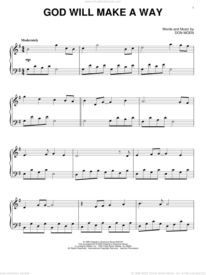 God Will Make A Way, (intermediate) sheet music for piano solo by Don Moen, intermediate skill level