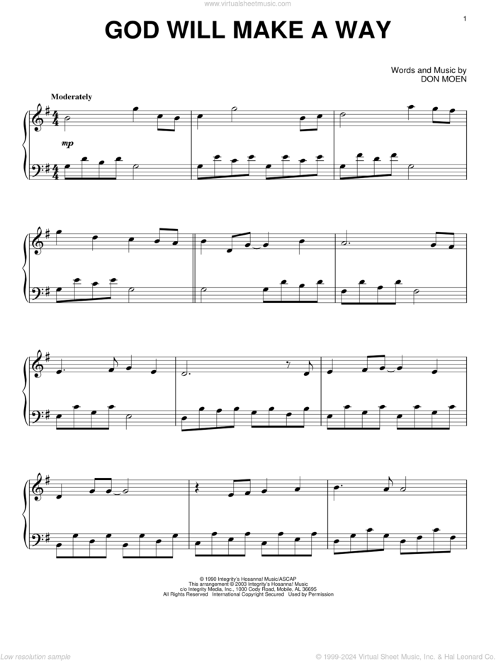 God Will Make A Way, (intermediate) sheet music for piano solo by Don Moen, intermediate skill level