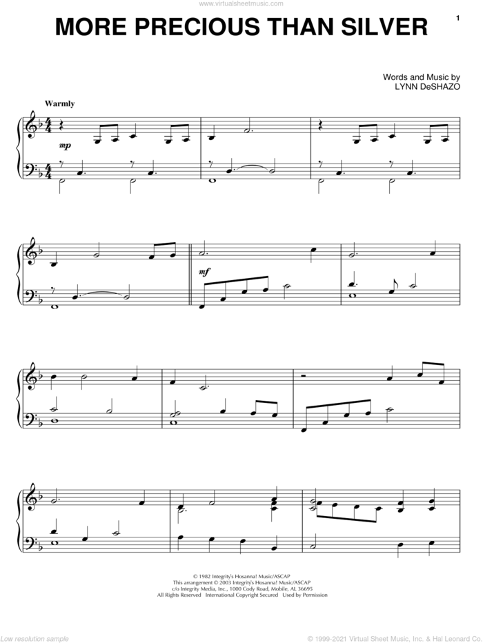 More Precious Than Silver, (intermediate) sheet music for piano solo by Lynn DeShazo, intermediate skill level