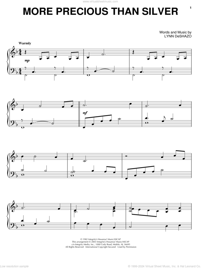 More Precious Than Silver sheet music for piano solo by Lynn DeShazo, intermediate skill level