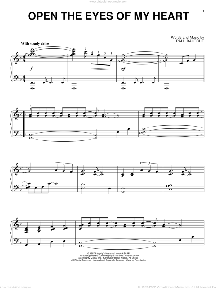 Open The Eyes Of My Heart, (intermediate) sheet music for piano solo by Paul Baloche and Sonicflood, intermediate skill level