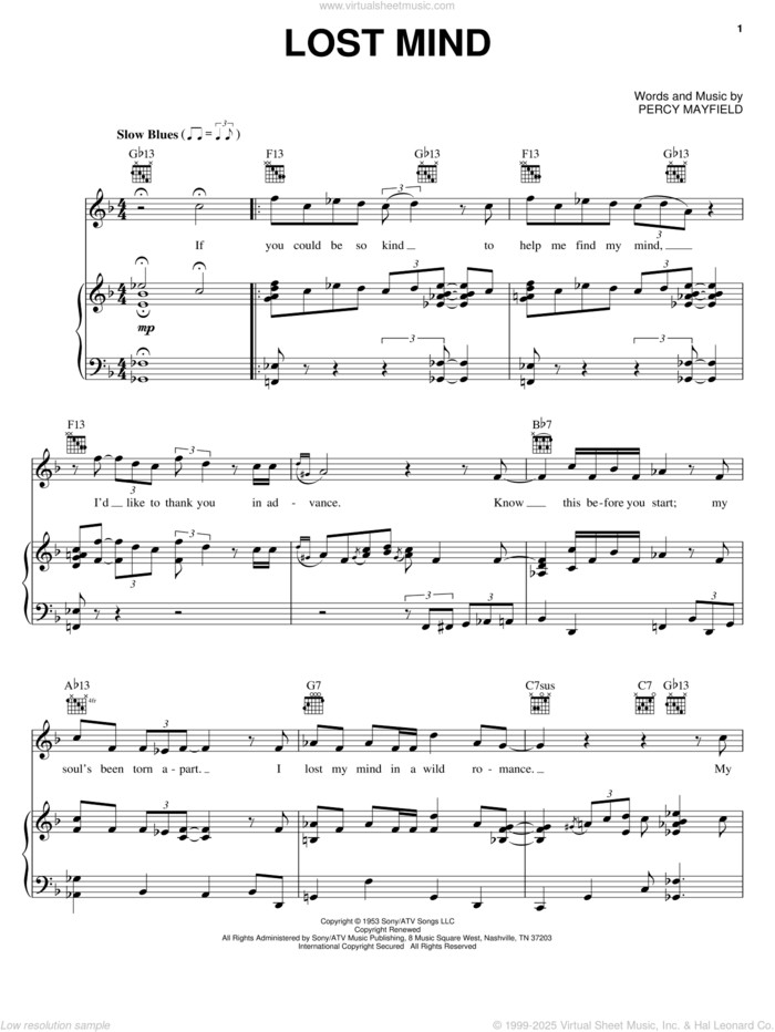 Lost Mind sheet music for voice, piano or guitar by Diana Krall and Percy Mayfield, intermediate skill level